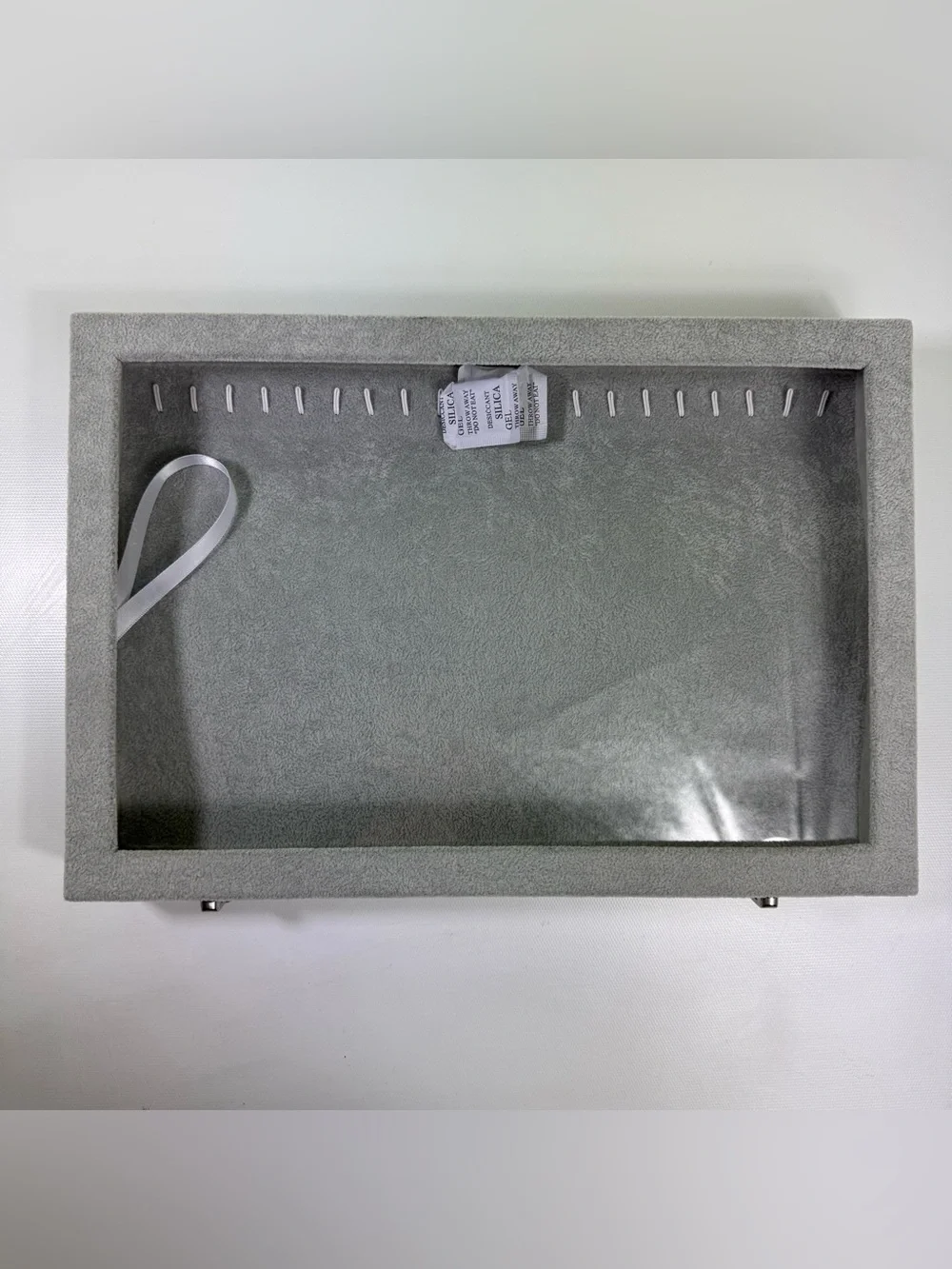 gray velvet jewelry organizer transparent glass lid metal latch closures